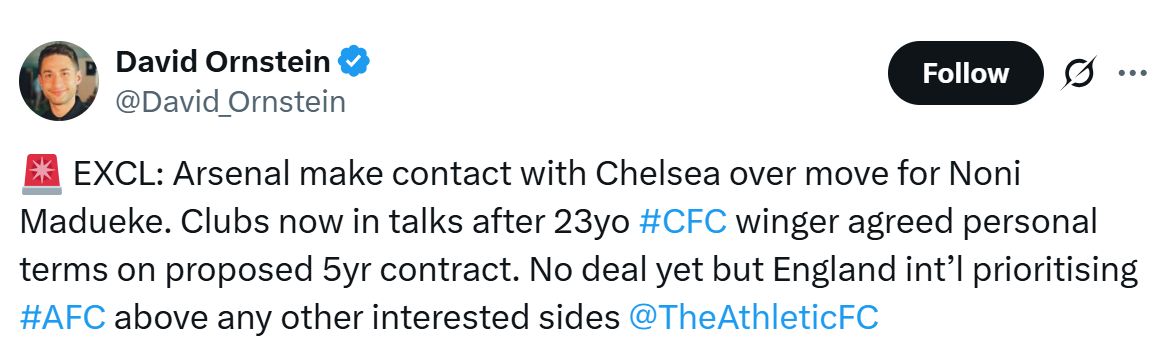 David Ornstein's Tweet about Noni Madueke's rumoured move to Arsenal.