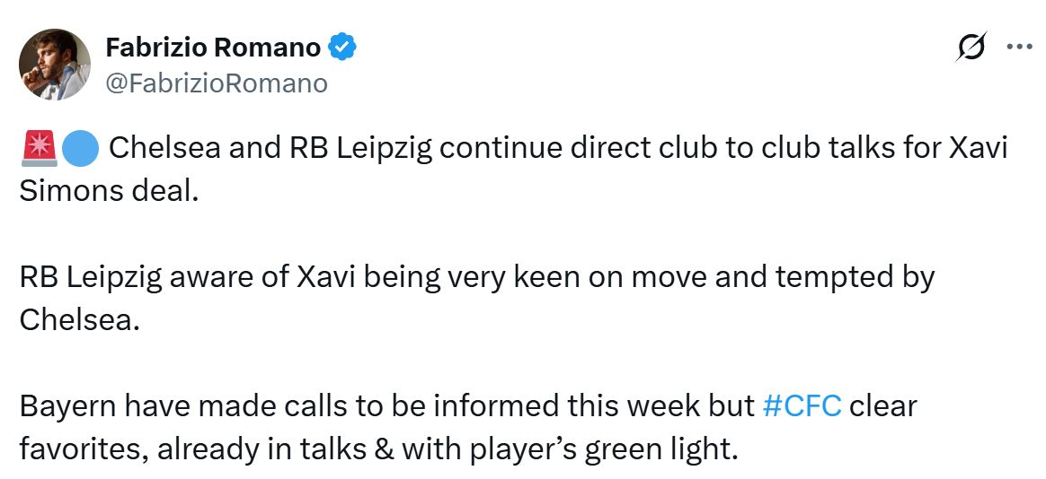 Fabrizio Romano on RB Leipzig's response to Chelsea's bid for Xavi Simons.