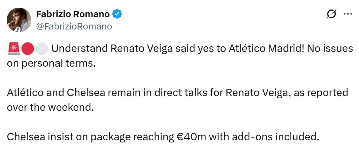 Fabrizio Romano on Renato Veiga's Atletico move.