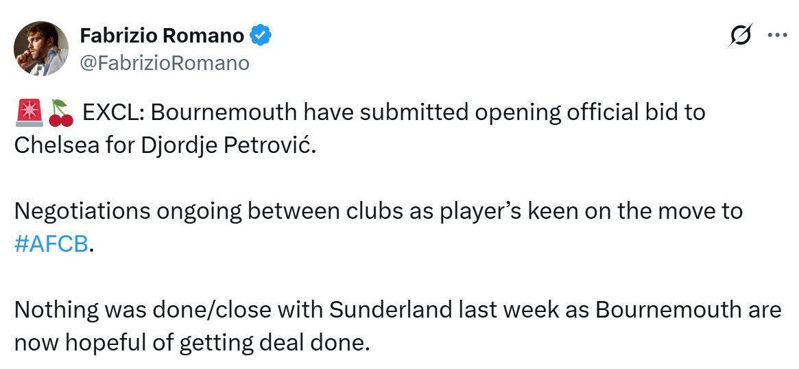 Fabrizio Romano's Tweet about Bournemouth interest in Djordje Petrovic.