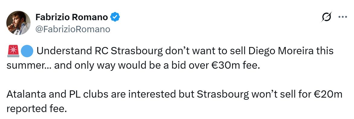 Fabrizio Romano's Tweet about Diego Moreira.