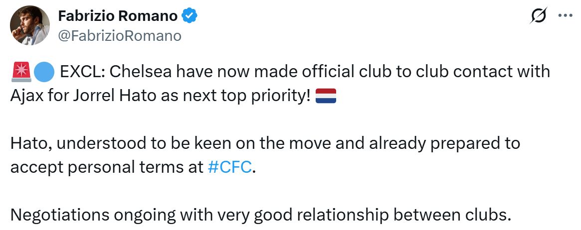 Fabrizio Romano's Tweet about Jorrel Hato.