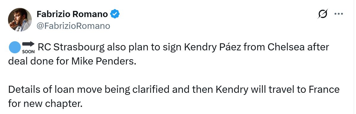 Fabrizio Romano's Tweet about Kendry Paez.