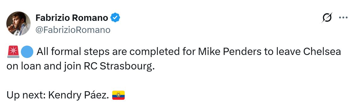 Fabrizio Romano's Tweet about Mike Penders closing in on a Strasbourg loan move.