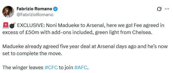 Fabrizio Romano's Tweet about Noni Madueke moving to Arsenal.