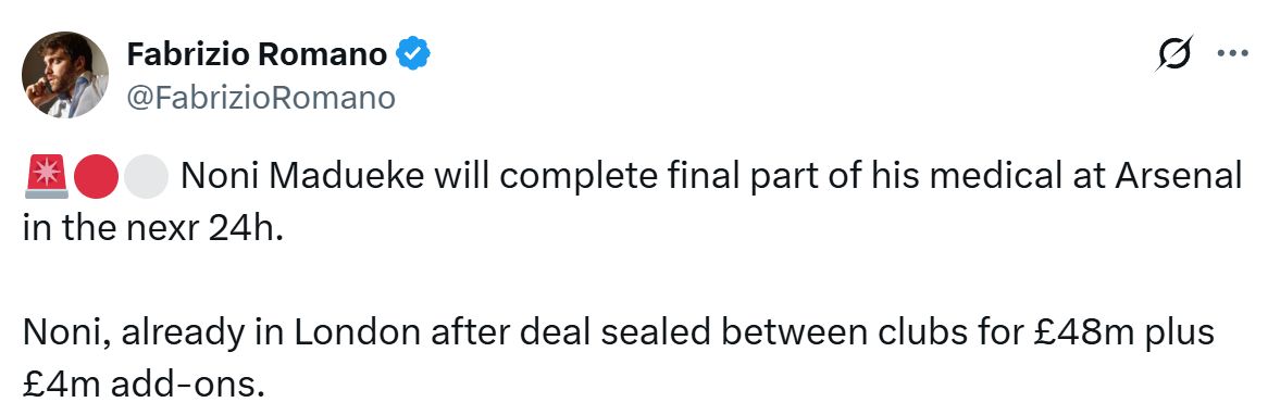 Fabrizio Romano's Tweet about Noni Madueke's Arsenal transfer.