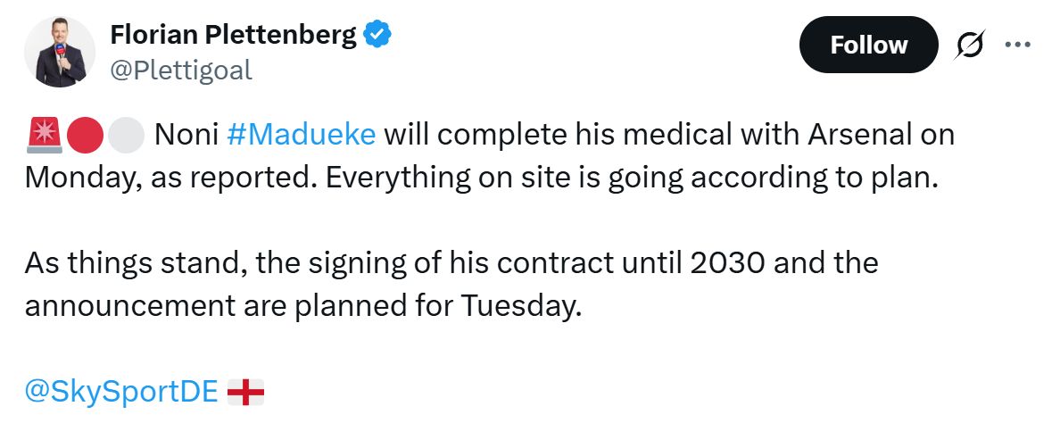 Florian Plettenberg says Noni Madueke completes his Arsenal medical today.