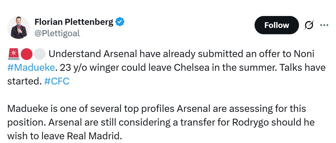 Florian Plettenberg's Tweet about Noni Madueke.