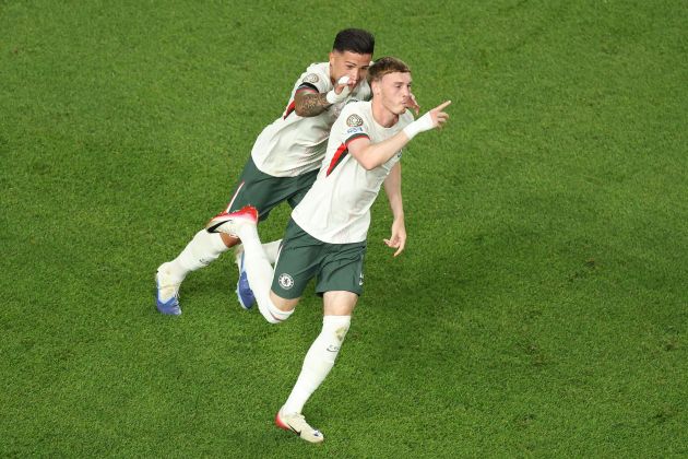 Cole Palmer celebrates scoring against Palmeiras.