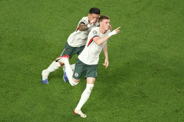 Cole Palmer celebrates scoring against Palmeiras.