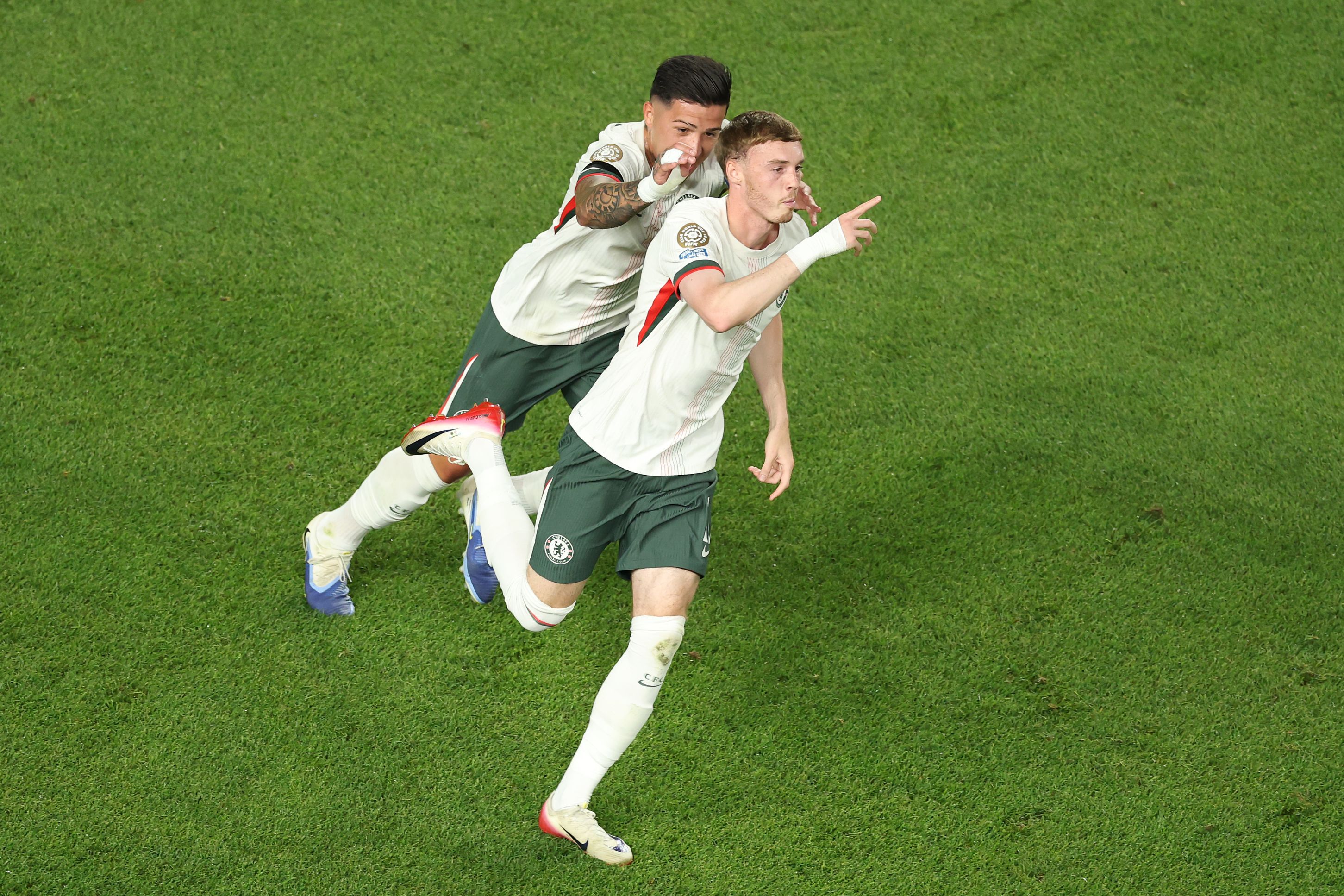 Cole Palmer celebrates scoring against Palmeiras.