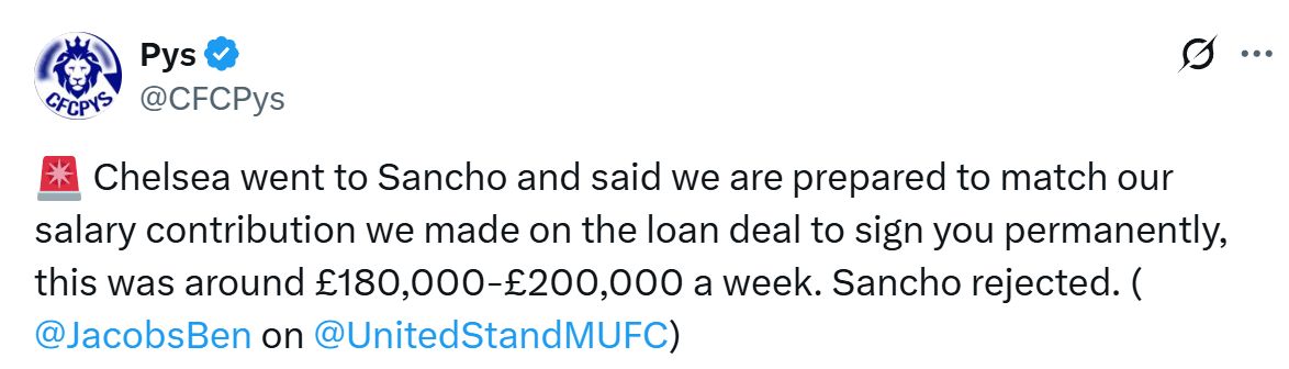 Jadon Sancho rejected Chelsea's contract offer according to Ben Jacobs.