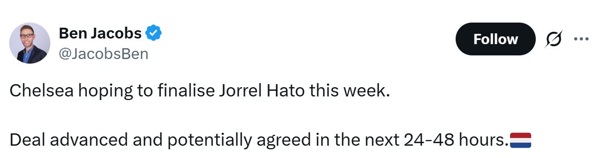Jorrel Hato to Chelsea almost done says Ben Jacobs in a Tweet.