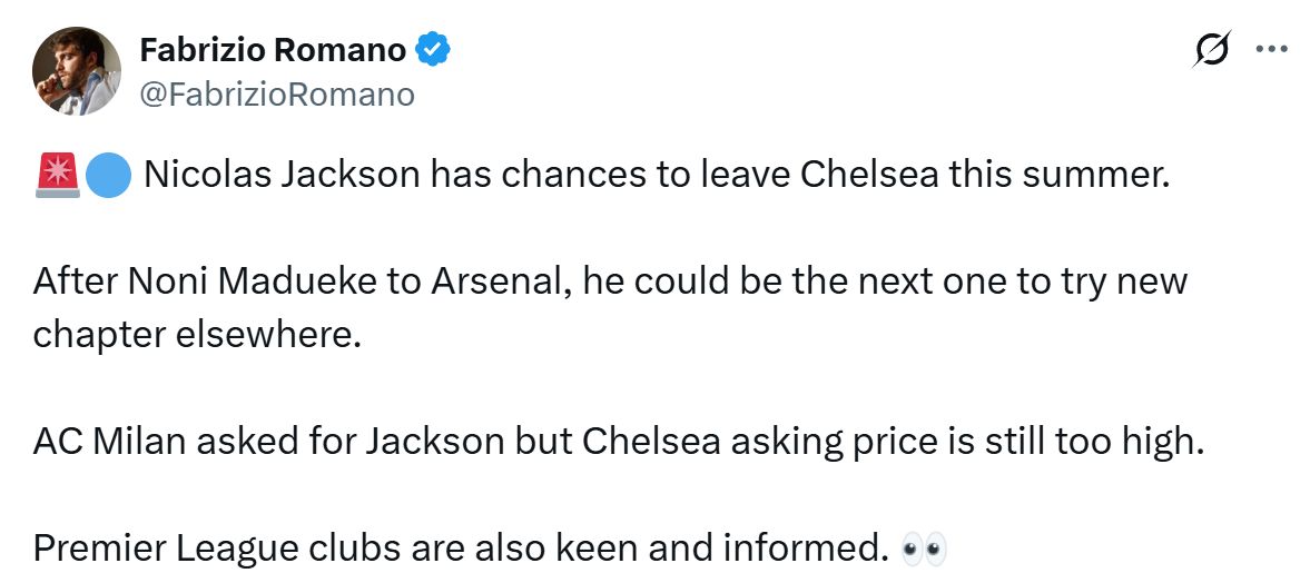 Nicolas Jackson linked with a Chelsea exit again by Fabrizio Romano.