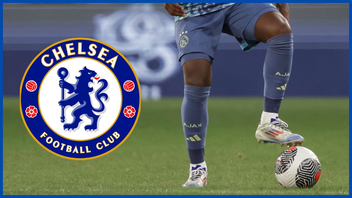 Jorrel Hato with a Chelsea logo.