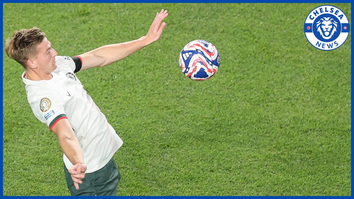 Liam Delap battles for a high ball.
