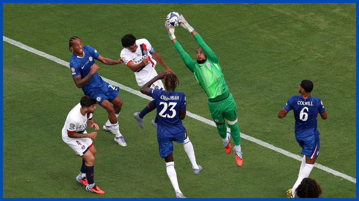 Robert Sanchez claims a high ball under pressure.