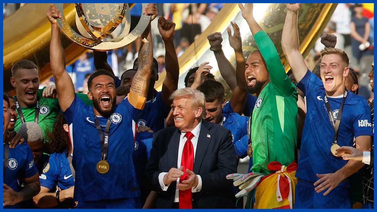 Donald Trump crashes Chelsea's trophy lift.