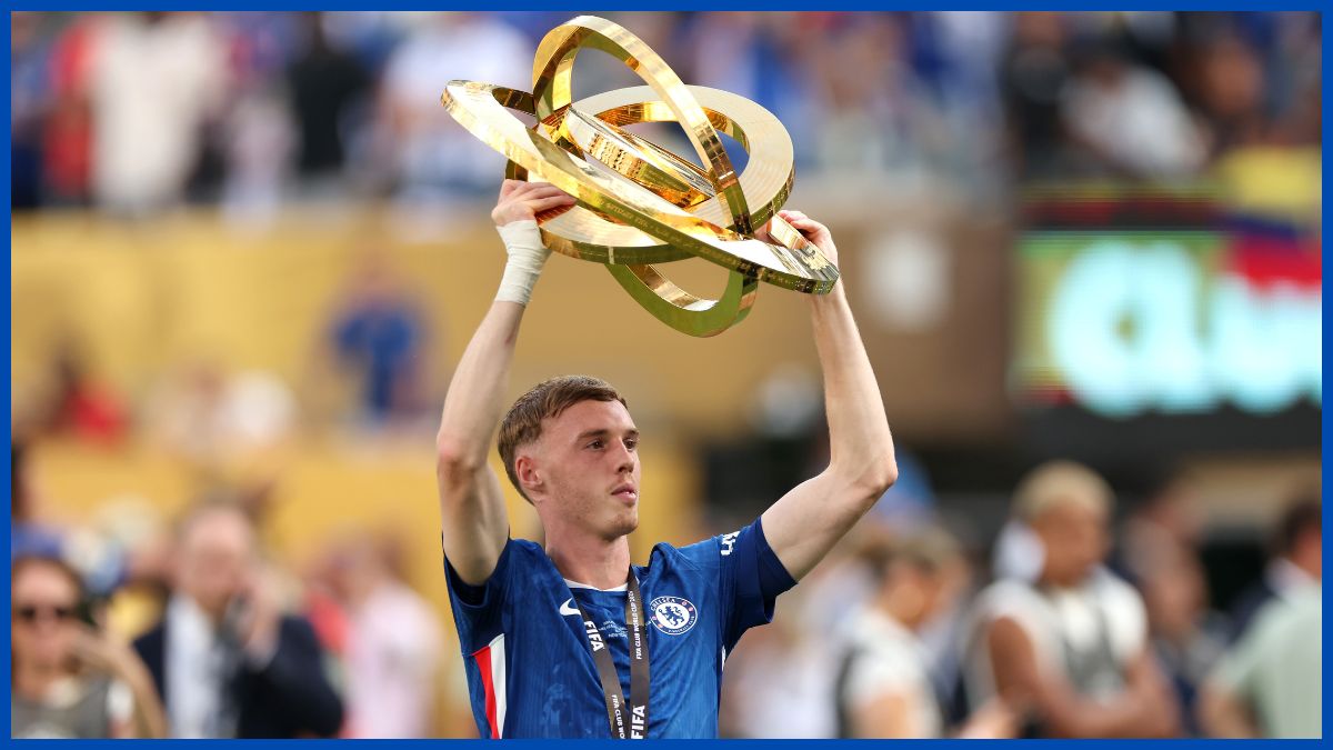 Cole Palmer lifts the Club World Cup trophy.