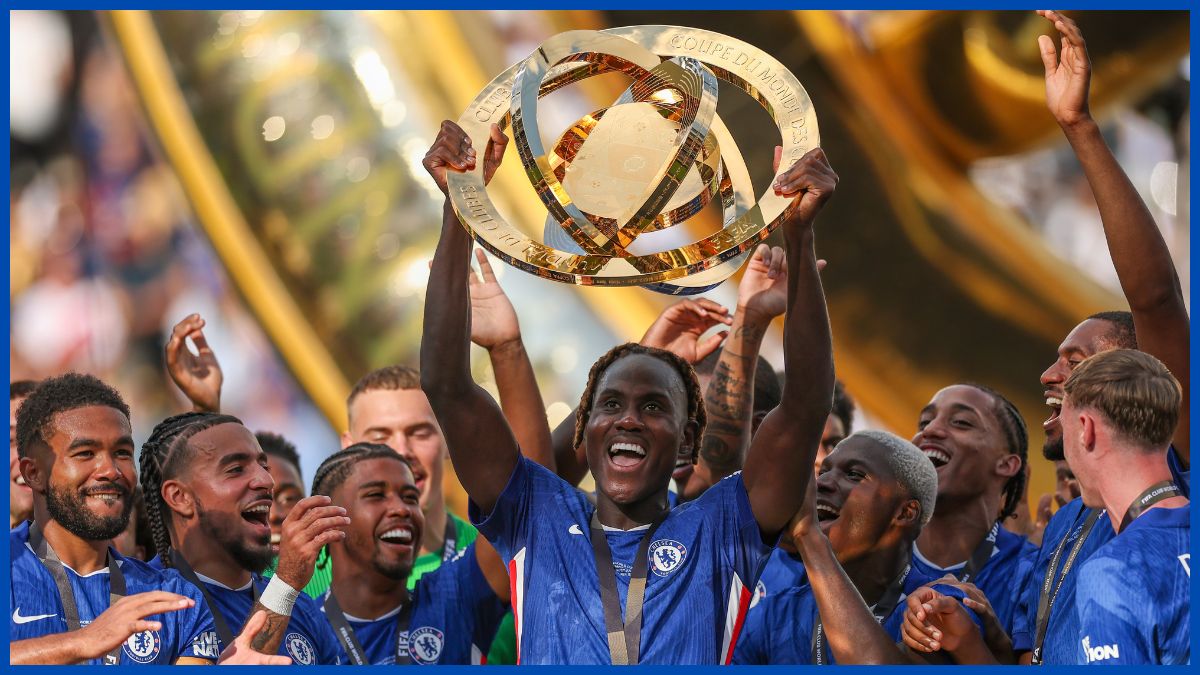 Trevoh Chalobah lifts the Club World Cup trophy.