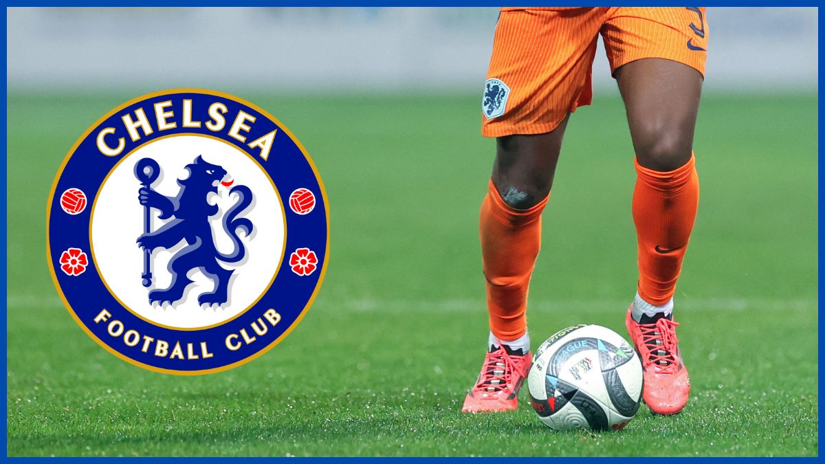 Jorrel Hato with a Chelsea logo.