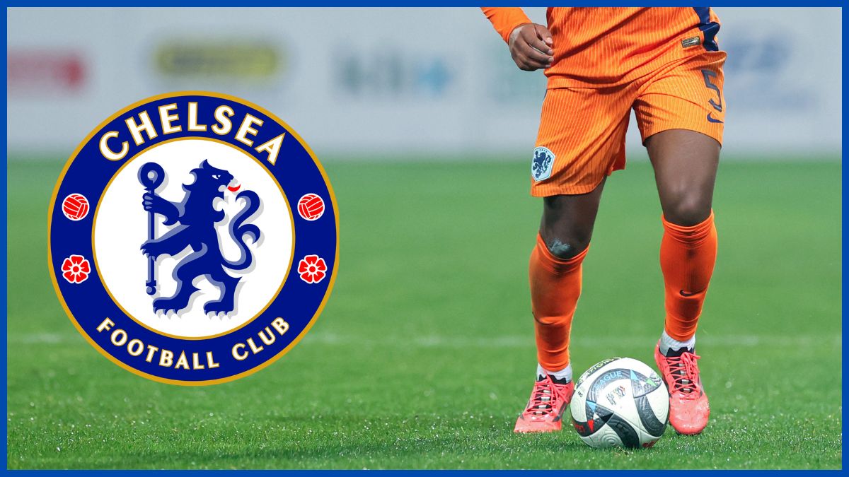 Jorrel Hato with a Chelsea logo.