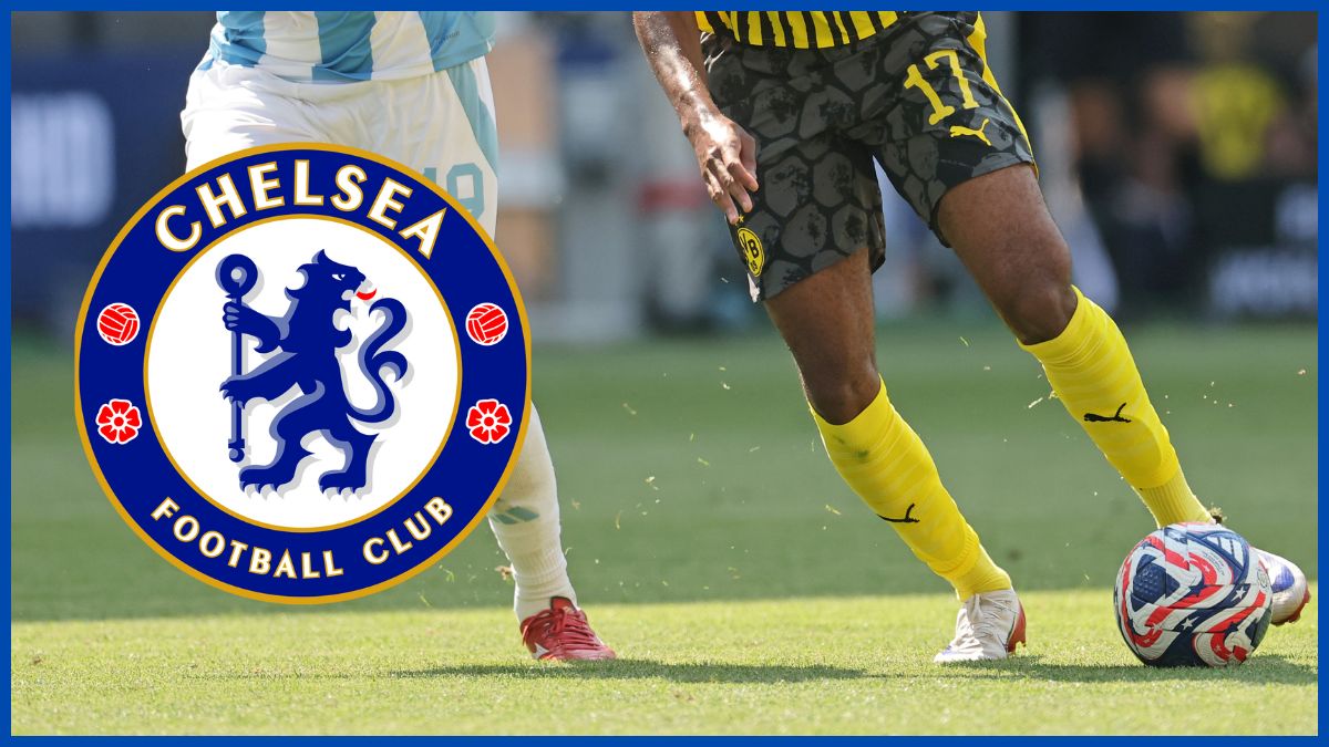 Carney Chukwuemeka with a Chelsea logo.