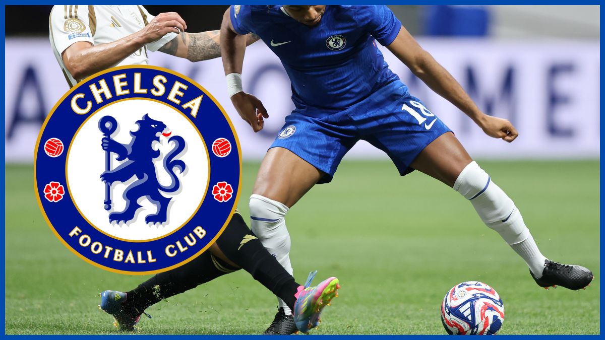 Christopher Nkunku with a Chelsea logo.