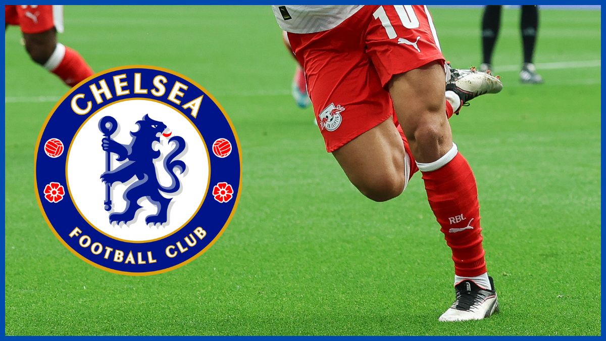 Xavi Simons playing for RB Leipzig with a Chelsea logo.