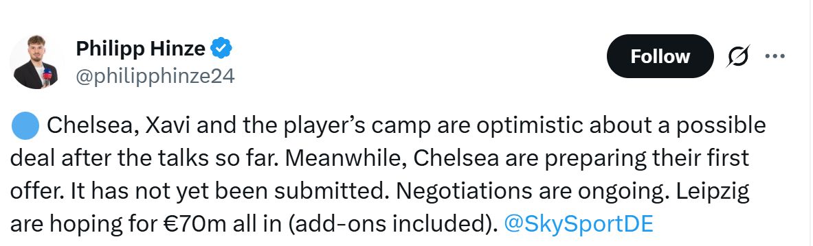 Xavi Simons is valued at €70m by his current club.