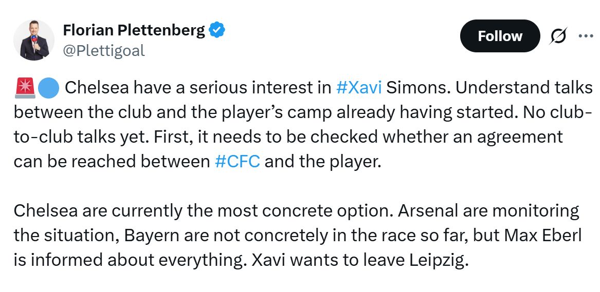 Xavi Simons linked to Chelsea by Florian Plettenberg.