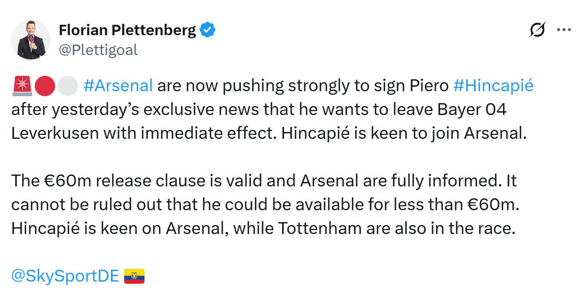 Arsenal and Tottenham chase Piero Hincapie but Chelsea aren't interested.