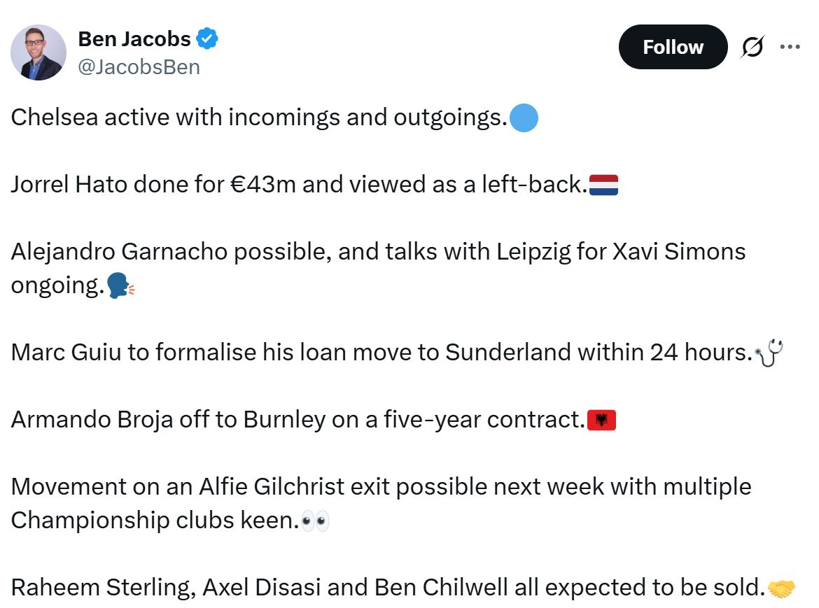 Ben Jacobs' Tweet about Chelsea's incomings and outgoings.