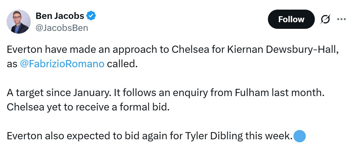 Ben Jacobs reports on a Chelsea bid for Kiernan Dewsbury-Hall.