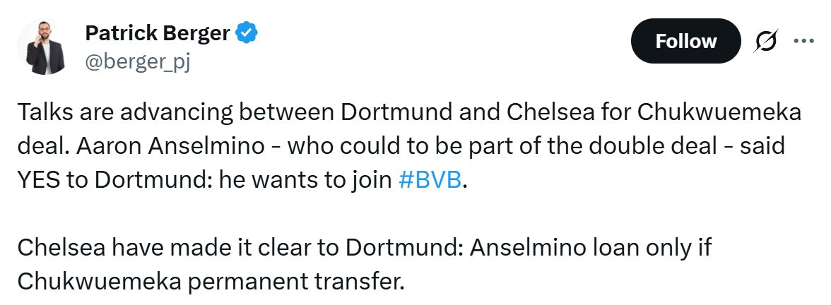 Chelsea say Aaron Anselmino can go on loan as part of Chukwuemeka deal.