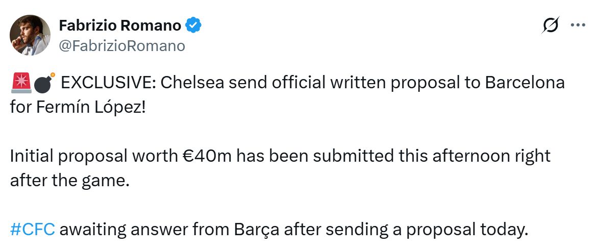 Chelsea's bid for Fermin Lopez confirmed by Fabrizio Romano.