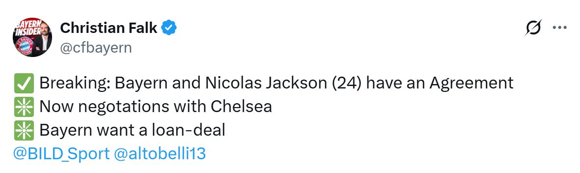 Christian Falk's Tweet about Bayern and Nicolas Jackson.