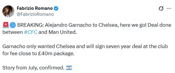 Fabrizio Romano's Tweet about Alejandro Garnacho.