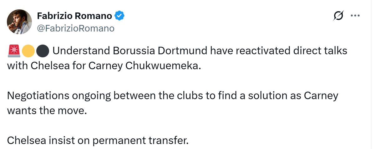 Fabrizio Romano's Tweet about Carney Chukwuemeka, who is wanted once again by Borussia Dortmund.
