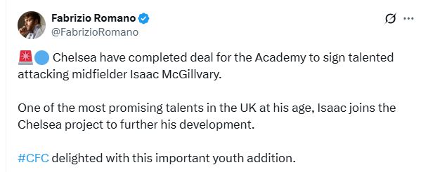 Fabrizio Romano's Tweet about Isaac McGillvary.