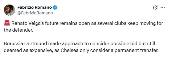 Fabrizio Romano's Tweet about Renato Veiga's future.