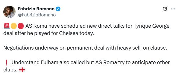 Fabrizio Romano's Tweet about Tyrique George's move to Roma.