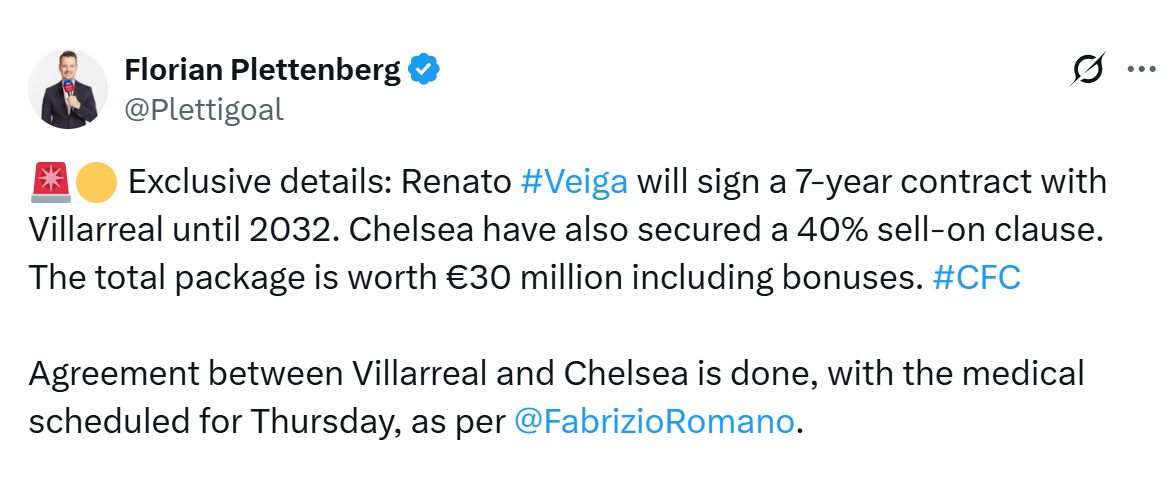 Florian Plettenberg's Tweet about the details of Renato Veiga's move to Villareal.
