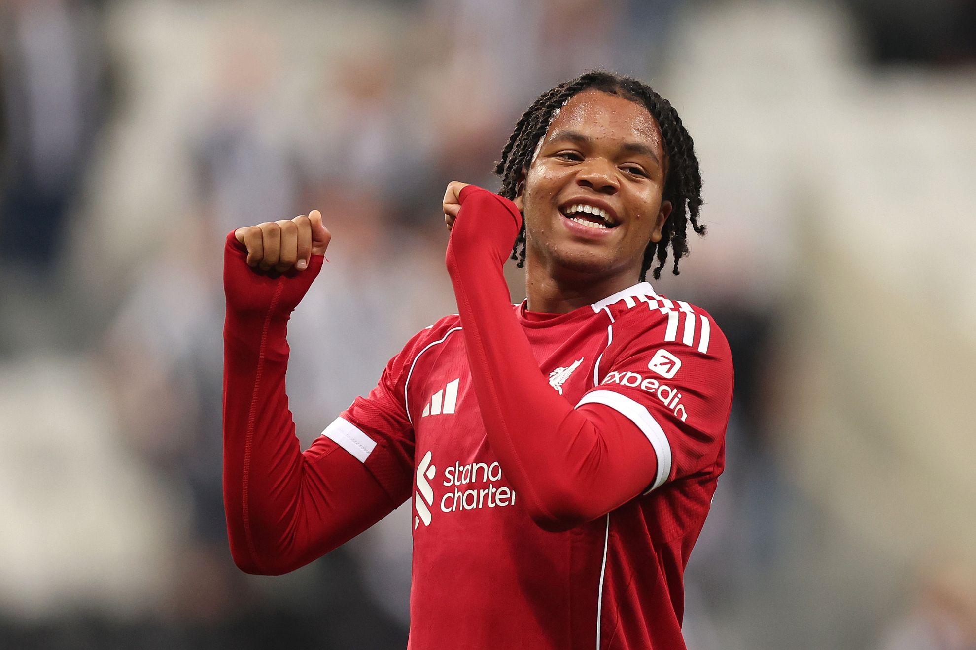 Rio Ngumoha celebrates scoring for Liverpool.