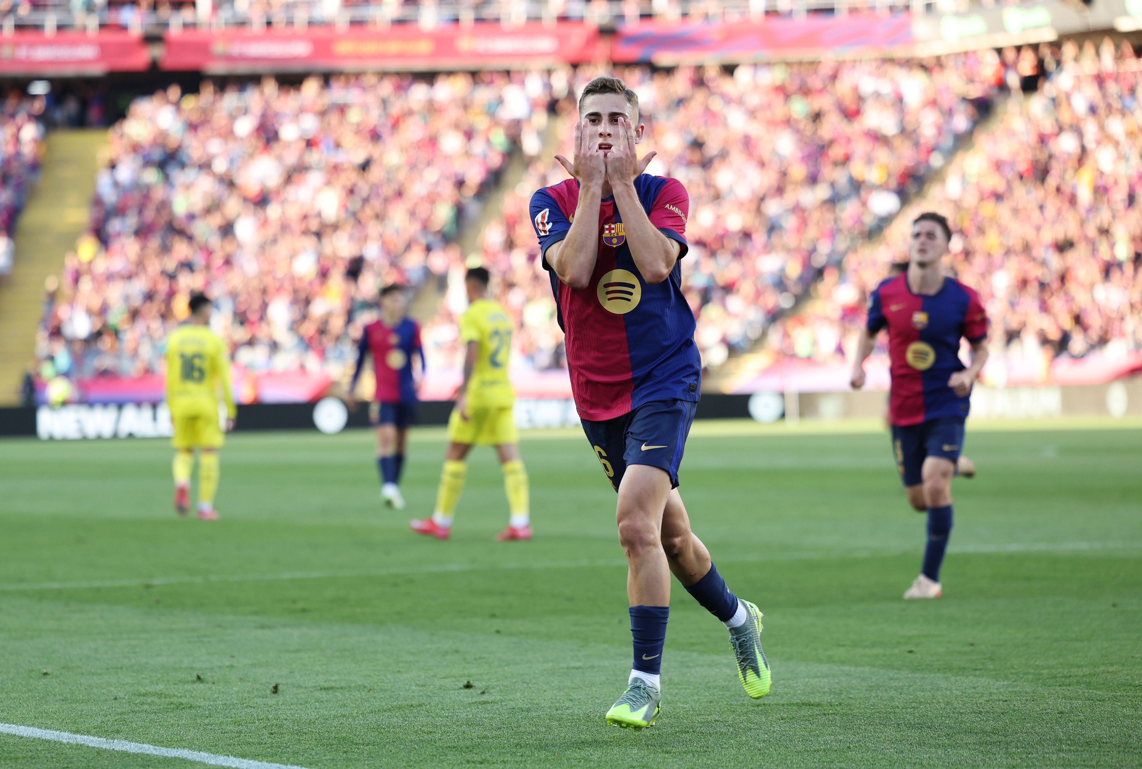 Fermin Lopez celebrates scoring for Barcelona.