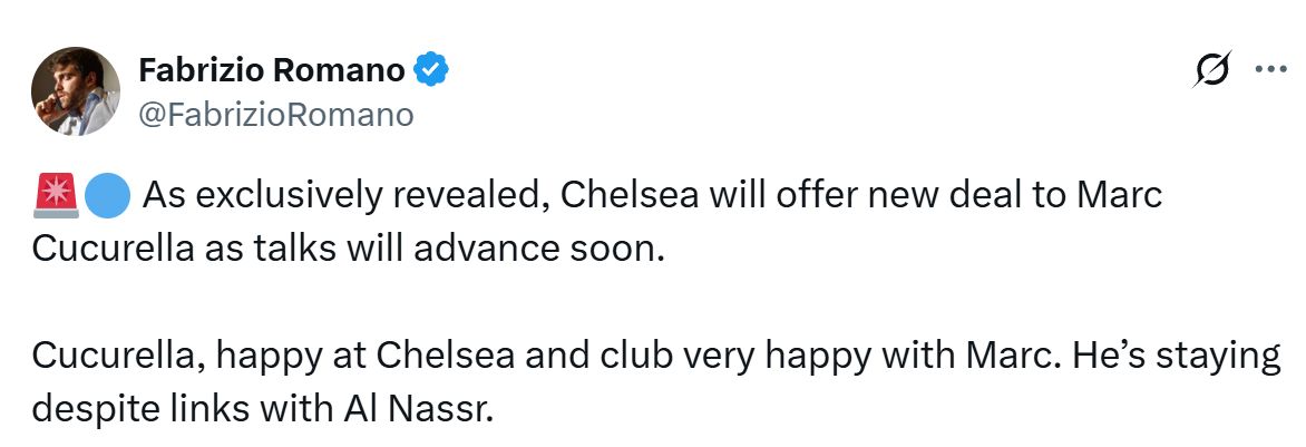 Marc Cucurella set to sign a new contract with Chelsea according to Fabrizio Romano.