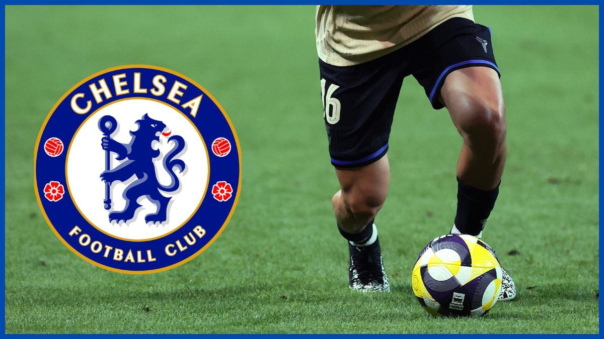 Fermin Lopez on the ball with a Chelsea logo.