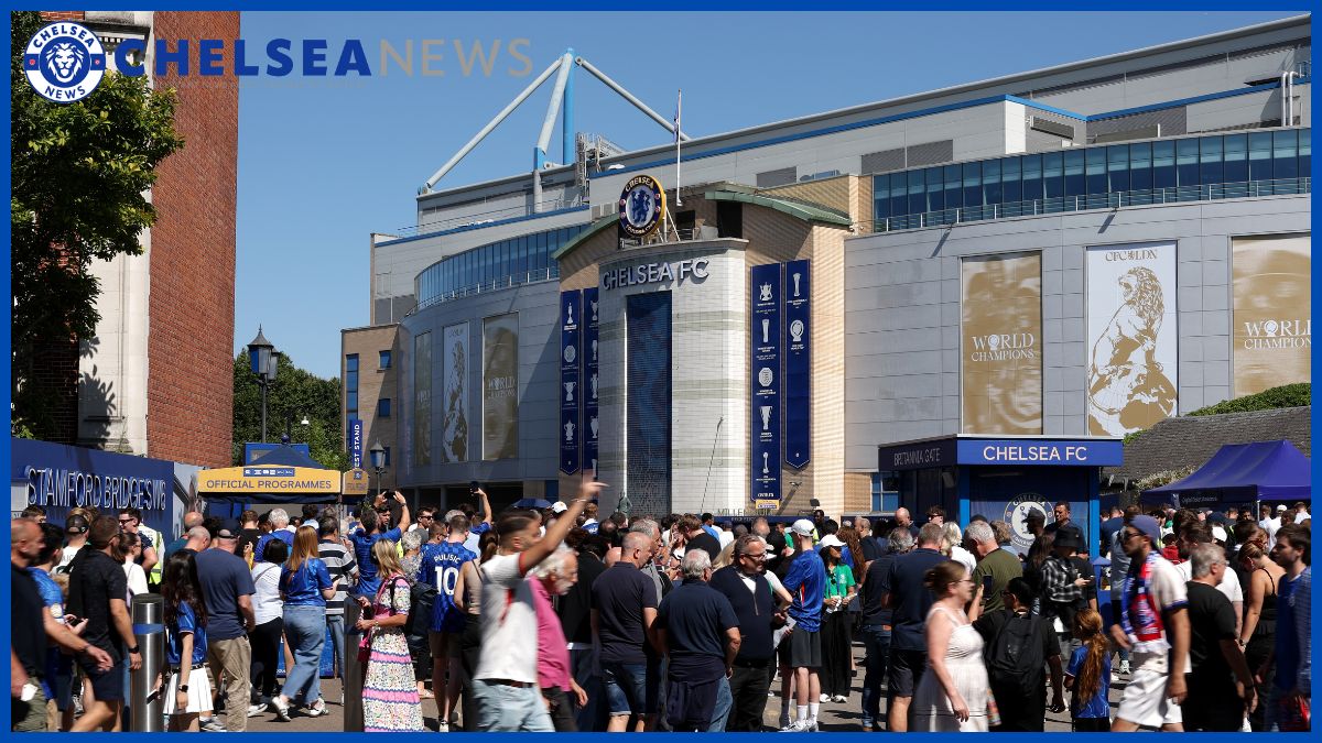 Chelsea's Stamford Bridge with a Chelsea News logo.