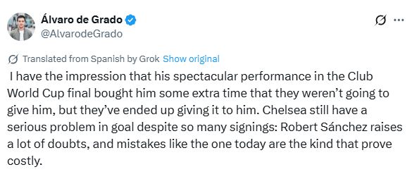Alvaro de Grado's Tweet about Robert Sanchez.