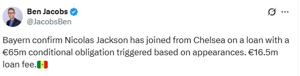 Ben Jacobs' Tweet about the final Nicolas Jackson fee.